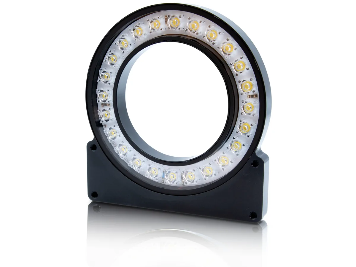 Đèn ring light Basler dạng vòng LED trắng, vỏ nhôm đen, gắn quanh ống kính camera
