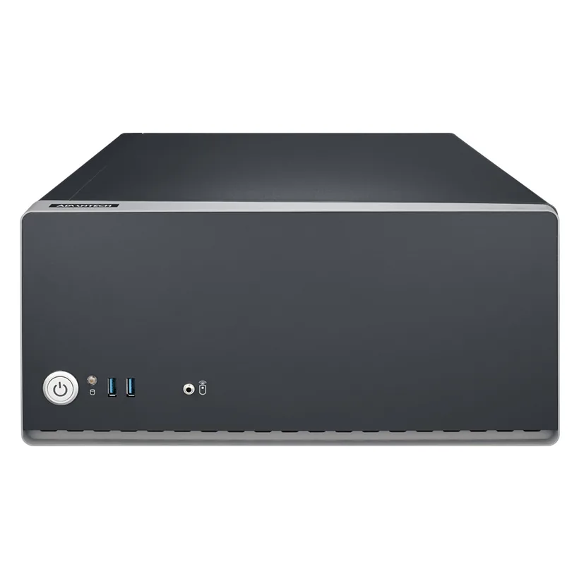 Máy tính AI Advantech AIR-510 vỏ đen dạng nằm ngang, mặt trước có nút nguồn và hai cổng USB