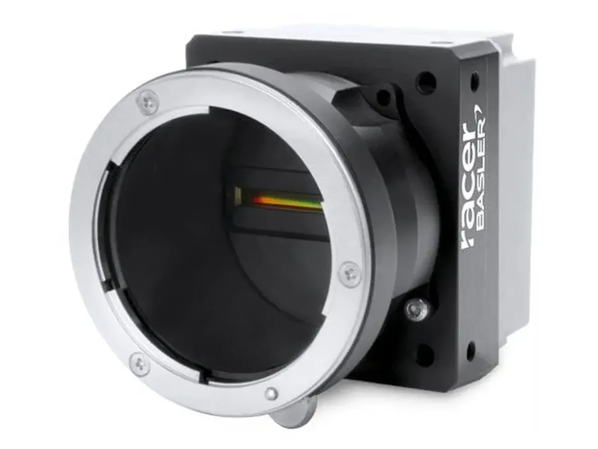 Camera quét dòng Basler racer raL8192-12gm thân dài màu bạc, ngàm ống kính lớn phía trước, cổng GigE phía sau