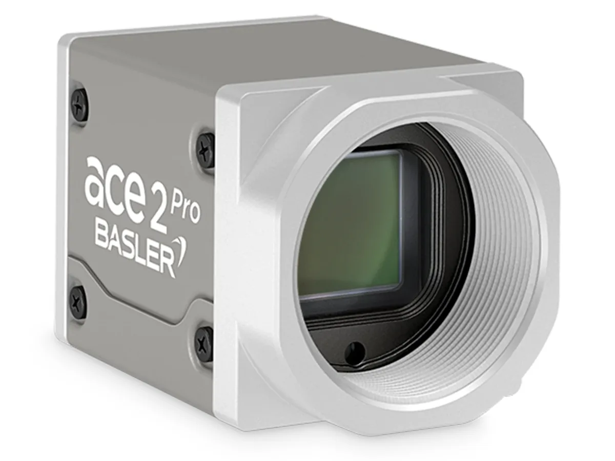 Camera vùng Basler ace 2 thân hộp vuông nhỏ màu bạc, ngàm C-mount phía trước, cổng USB 3.0 phía sau
