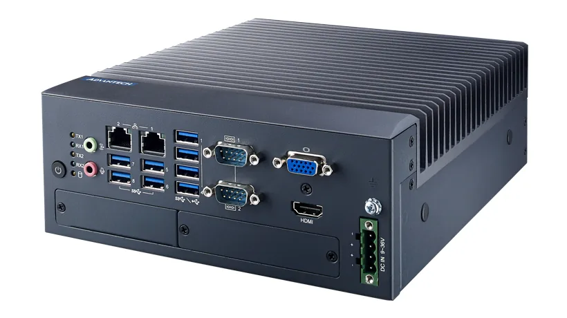 Máy tính công nghiệp mô-đun Advantech MIC-770 V2 vỏ đen có cánh tản nhiệt, mặt trước nhiều cổng USB, LAN và COM